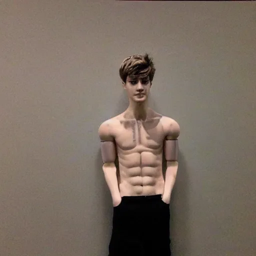 Image similar to “a realistic detailed photo of a guy who is an attractive humanoid who is half robot and half humanoid, who is a male android, twitch streamer Ninja Tyler Blevins, shiny skin, posing like a statue, blank stare, at the museum”