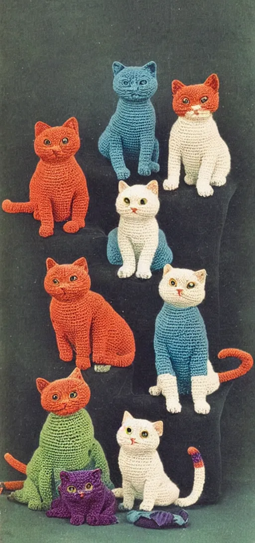 Image similar to multicolored crocheted cats, 1 9 1 0 s catalogue photo,