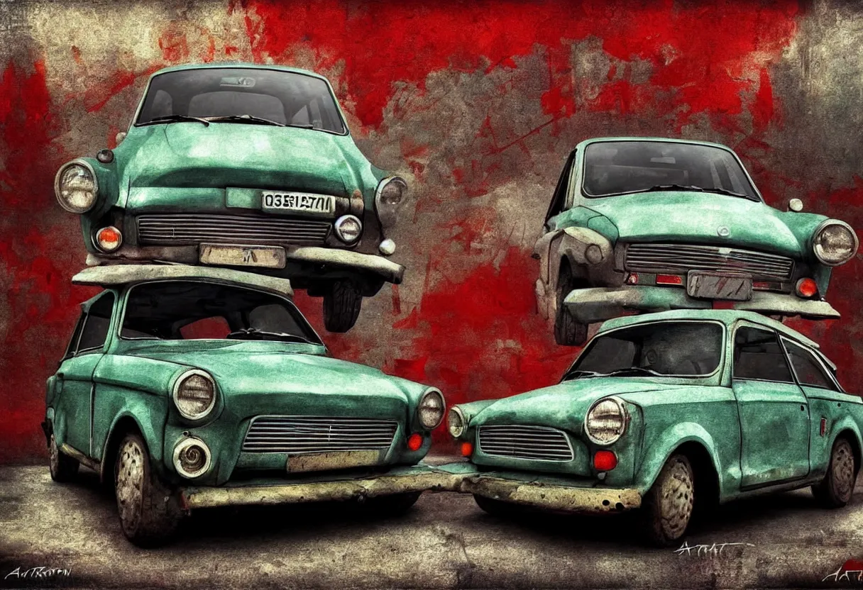 Image similar to old trabant as soviet times, aesthetic art, 8 k, high details, digital painting, concept art, matte painting, art by arstation and mimmo rottela, pixels art by paul robertson