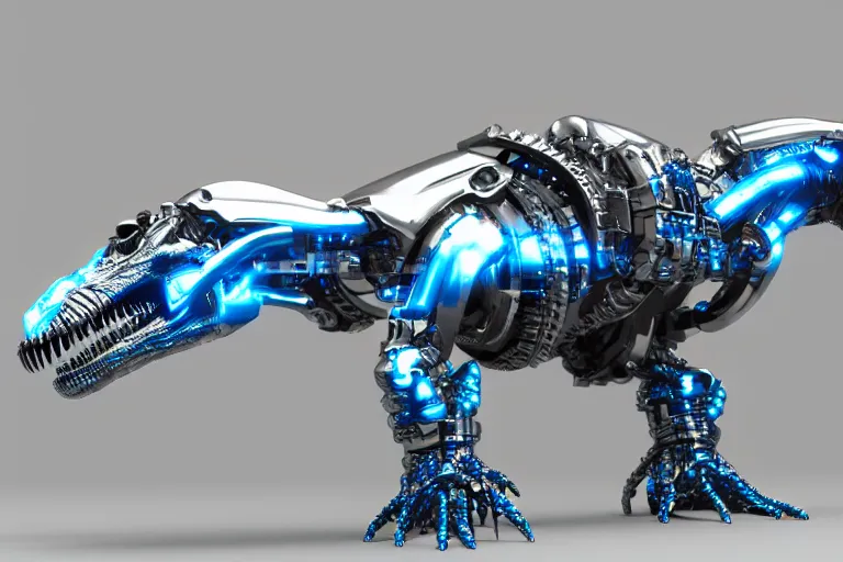 Image similar to futuristic metal cybernetic!! t - rex!!! white blue grey, octane render, studio light,