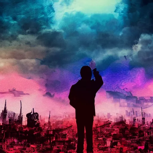 Image similar to a person watching the end of the world, red-purple gradient map effect, dystopian city, debris, dramatic painting