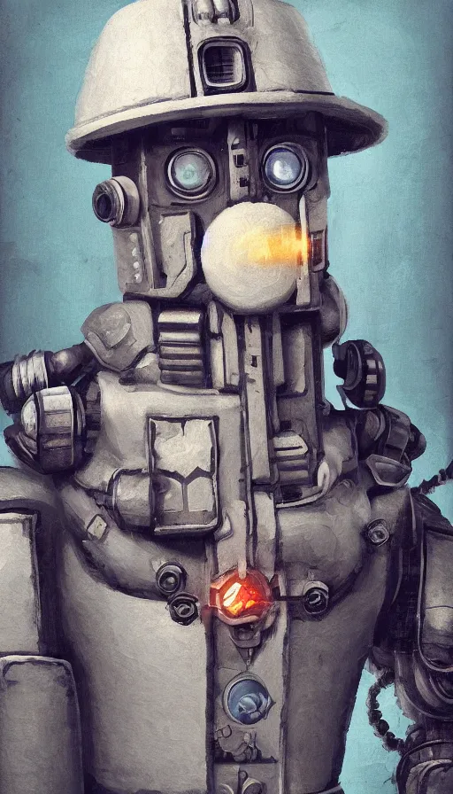 Prompt: a dieselpunk robot, portrait, head and chest only, made of wool, humanoid, sharp focus, james gilleard, cinematic, game art, extremely detailed digital painting