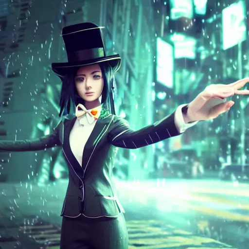 Image similar to beautiful anime woman, pinstripe suit, top hat, cyberpunk background, rendered in octane, unreal engine, raining, highly detailed, trending on artstation