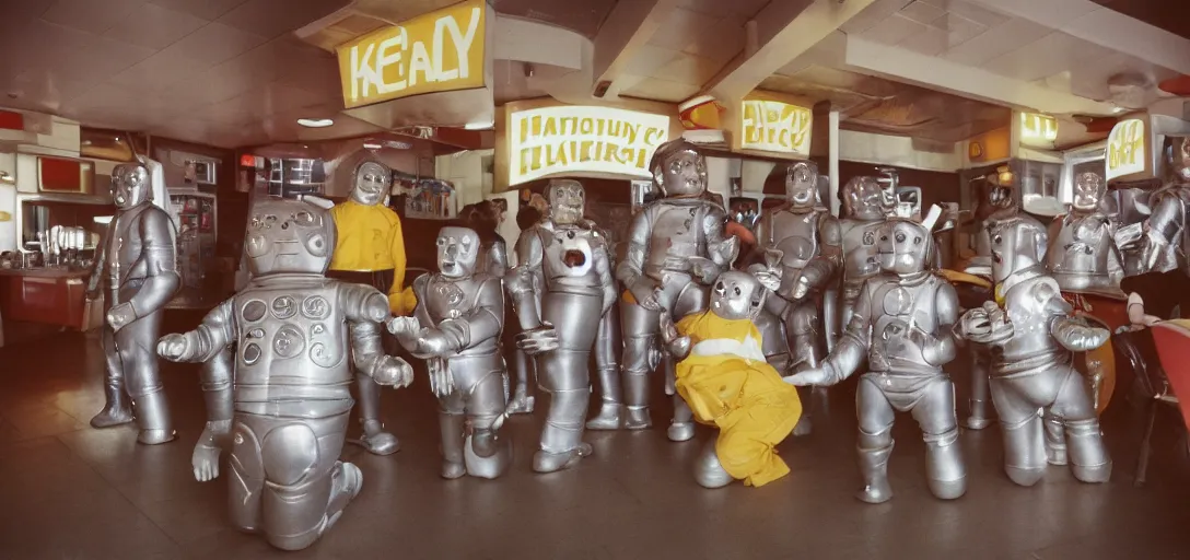 Image similar to cybermen and happy children eating fast food, inside a vintage fast food restaurant, kodak Ektachrome 10, 24mm wide angle close up