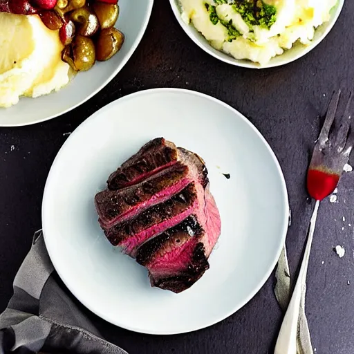 Prompt: a delicious steak, with a side of mashed potatoes, cookbook photo, good composition
