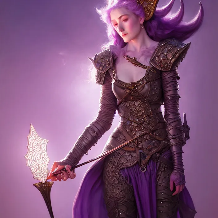Image similar to d & d bard with her lilac leather armor, volumetric lighting, fantasy, intricate, elegant, highly detailed, lifelike, photorealistic, digital painting, artstation, fox ears illustration, concept art, sharp focus, by john collier and albert aublet and krenz cushart and artem demura and alphonse mucha
