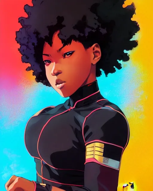 Prompt: black super hero girl | very very anime!!!, fine - face, jill scott, red afro, realistic shaded perfect face, fine details. anime. realistic shaded lighting poster by ilya kuvshinov katsuhiro otomo ghost - in - the - shell, magali villeneuve, artgerm, jeremy lipkin and michael garmash and rob rey