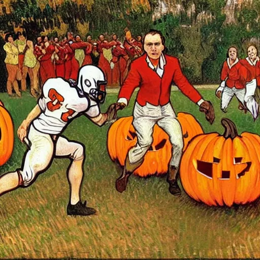 Image similar to painting of arkansas razorbacks playing football with pumpkins at the halloween! party, bubbling cauldron!, candles!, graveyard, gravestones, ghosts, smoke, autumn! colors, elegant, wearing suits!, clothes!, delicate facial features, art by alphonse mucha, vincent van gogh, egon schiele