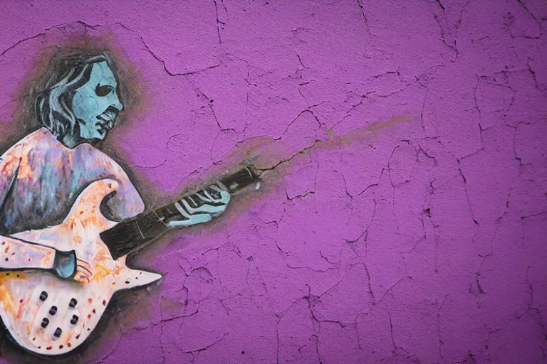 Image similar to dripping purple faded paint across the shape of a human playing guitar, realistic, extremely detailed, coming out of the wall