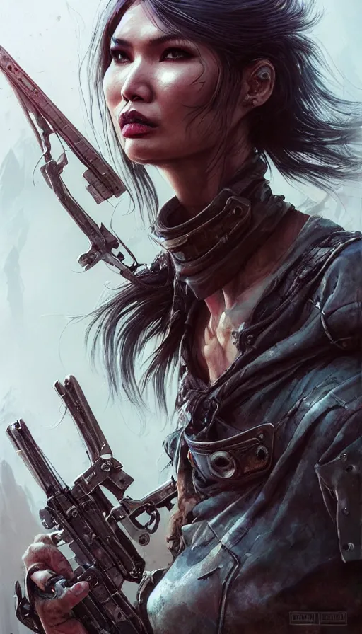 Image similar to road warrior, gemma chan beautiful girl, postapocalyptic, muscle cars, weapons, mad max, b - movie, made by stanley artgerm lau, wlop, rossdraws, james jean, andrei riabovitchev, marc simonetti, yoshitaka amano, beksinski artstation, cgsociety