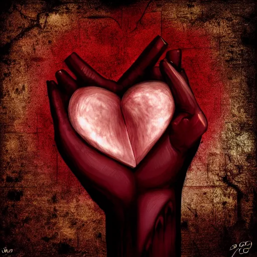 Image similar to hands ripping a heart in two broken pieces, sadness, dark ambiance, an album cover by Godfrey Blow, featured on deviantart, lyco art, artwork, photoillustration, poster art