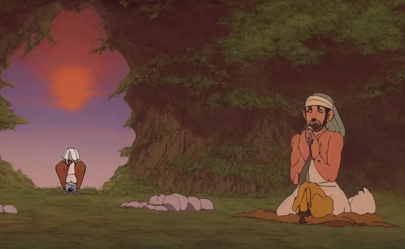 Image similar to a cell - shaded cartoon movie still from princess mononoke ( 1 9 9 7 ) of a middle eastern imam kneeling in prayer. a golden ufo is in the sky. very dull muted colors, hd, 4 k, hq