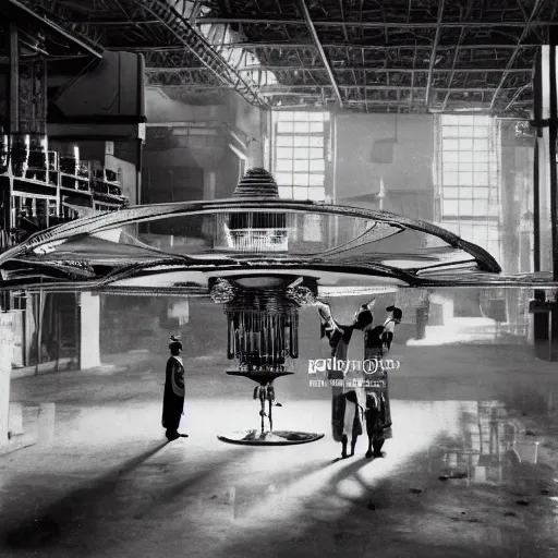 Image similar to scientists discovering an alien ufo in a warehouse, 1 9 2 0's sci - fi, black and white, 8 k, highly ornate intricate details, extreme detail,