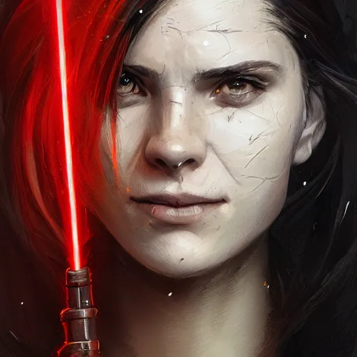 Prompt: portrait of an woman by Greg Rutkowski, she is about 20 years old, pretty, long brown wavy hair, scar near her mouth that makes her look like she's smiling all the time, wearing black sith robes, Star Wars Expanded Universe, highly detailed portrait, digital painting, artstation, concept art, smooth, sharp foccus ilustration, Artstation HQ