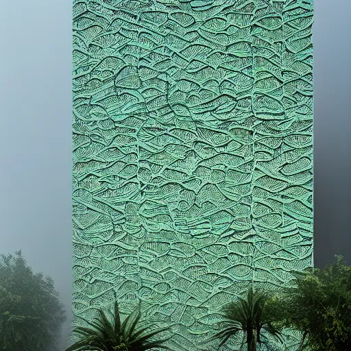 Prompt: a photo of a futuristic biomimicry oasis facade + the facade is elegant and made of a biomimicry nature algae with ornate patterns + photo taken on a misty morning + architectural photography, 8K, photorealistic