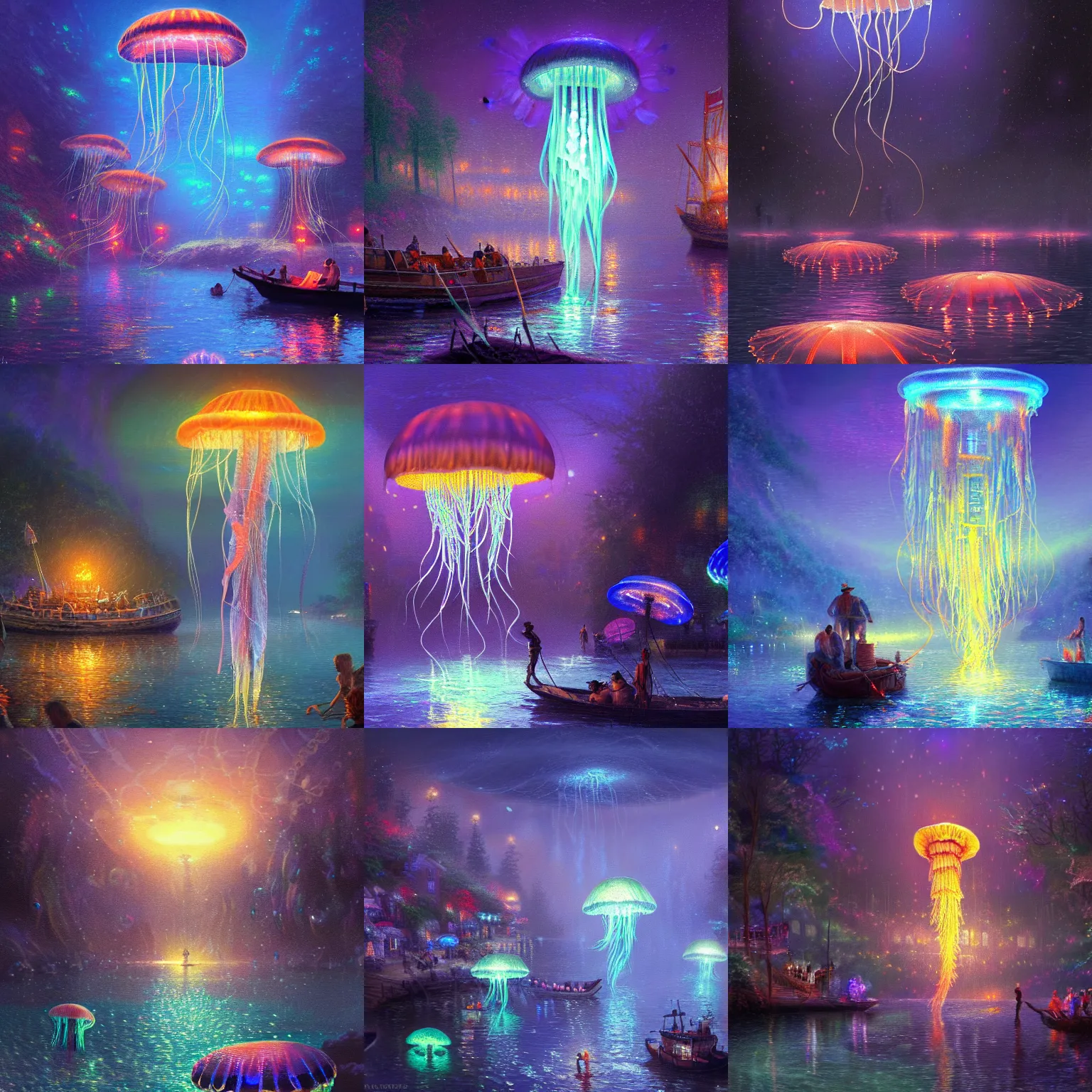 Prompt: glowing jellyfish immigration down a river, evocative, mystical night, detailed, award - winning, trending on artstation artwork by thomas kinkade,