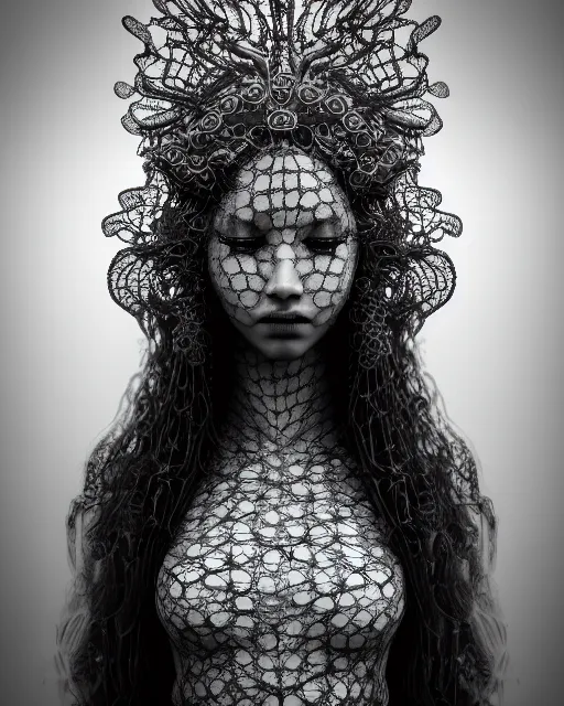 Image similar to surreal mythical dreamy artistic black and white fine art photo of a beautiful young female queen - medusa - cyborg covered with lace fish scales and translucent algae, highly detailed, intricate crystal ivy lace jelly fish scales ornate, poetic, octane render, 8 k, photo - realistic