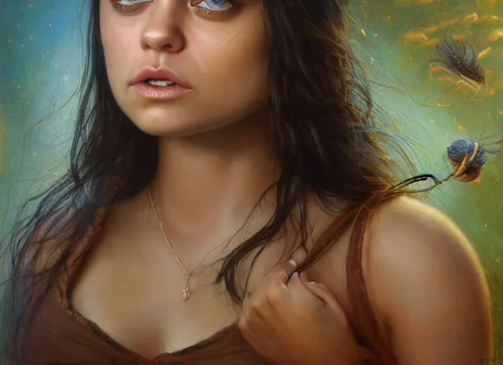 Image similar to big-eyed surprised Mila Kunis staring intensely into the camera, sundown golden hour firefly wisps, Lilia Alvarado, Sophie Anderson, Mark Arian, Bob Byerley, Charlie Bowater, Mark Brooks, Steve Henderson, Justin Gerard, Arthur Hughes, Edward Robert Hughes, Mark Keathley, Victor Nizovtsev, Carlos Shwabe, Ross Tran, WLOP