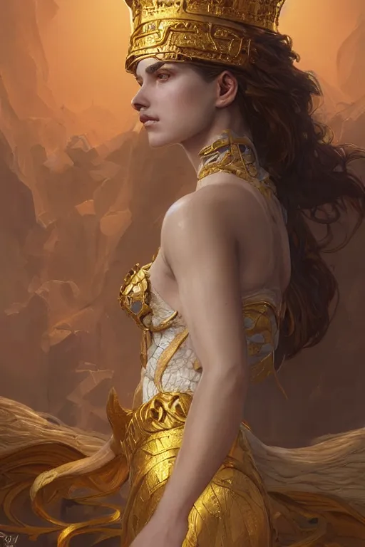 Image similar to goddess of the golden crown, highly detailed, digital painting, artstation, concept art, smooth, sharp focus, illustration, unreal engine 5, 8 k, art by artgerm and greg rutkowski and edgar maxence