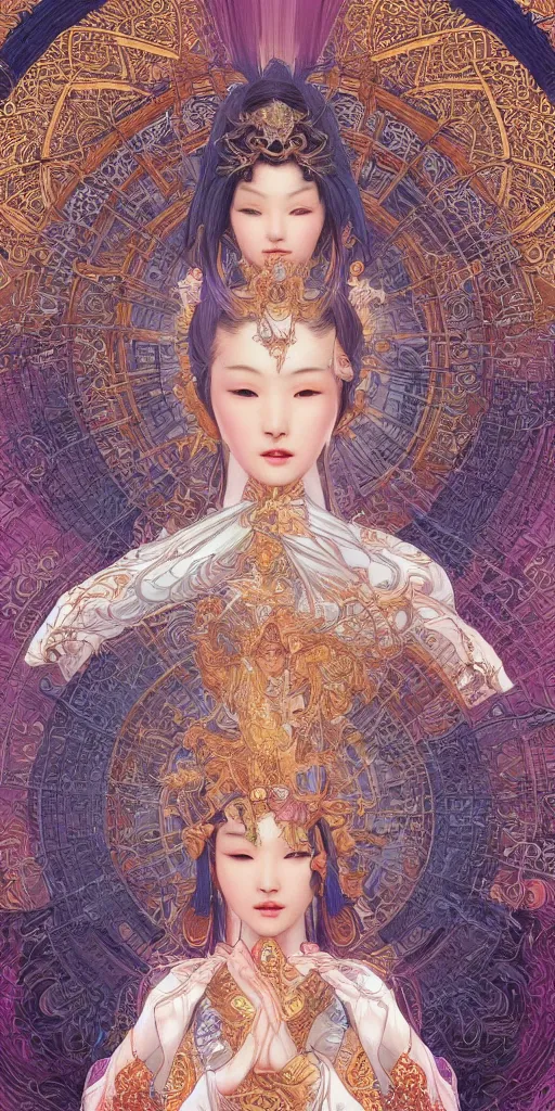 Image similar to beautiful asian face, quan yin goddess of tranquility, hyper detailed, character concept, full body, dynamic pose, intricate, lineart, cerpuscular rays, by yoshitaka amano, alfons mucha, 4k, artstation