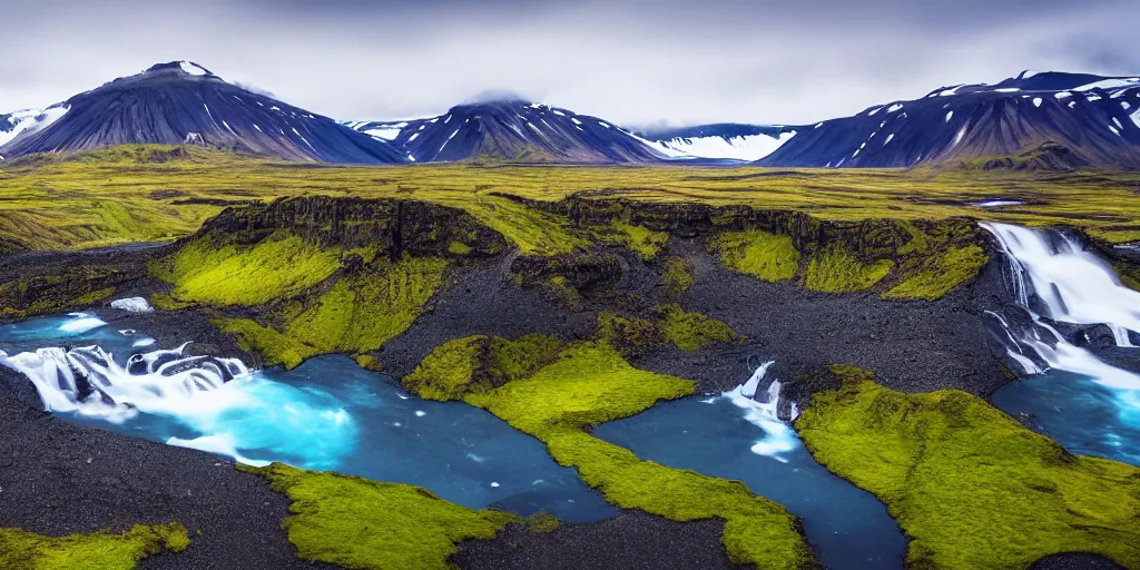 Prompt: drone shot photo of a landscape with mountains, waterfalls, wallpaper, very very wide shot, blue glacier, iceland, new zeeland, green flush moss, national geographic, award landscape photography, professional landscape photography, sunny, day time, beautiful