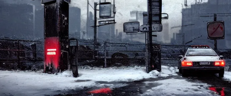 Image similar to Audi A4 B6 Avant (2002), a gritty neo-noir, dramatic lighting, cinematic, eerie person, death, homicide, homicide in the snow, viscera splattered, gunshots, establishing shot, extremely high detail, photorealistic, cinematic lighting, artstation, by simon stalenhag, Max Payne (PC) (2001) winter New York at night, In the style of Max Payne 1 graphic novel, flashing lights, Poets of the Fall - Late Goodbye