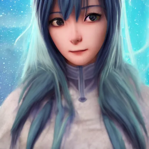 Image similar to a closeup of rimuru tempest as a realistic woman, soft facial expression, ultra realistic, fully clothed, intricate details, highly detailed, 8 k, photorealistic, beneath an aurora, a canopy overhead