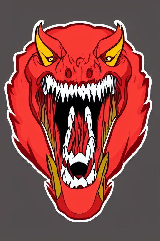 Prompt: Evil t-rex, the devil, sticker, blood thirsty, spawn of Satan, burning in hell, blood, evil, colorful, illustration, highly detailed, simple, smooth and clean vector curves, no jagged lines, vector art, smooth