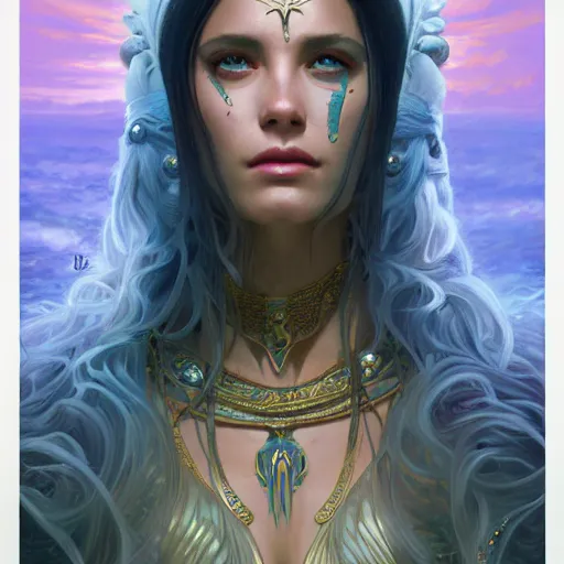 Image similar to epic masterpiece full body portrait of a beautiful Atlantean priestess, highly detailed, digital painting, artstation, concept art, sharp focus, illustration, art by artgerm and greg rutkowski and alphonse mucha