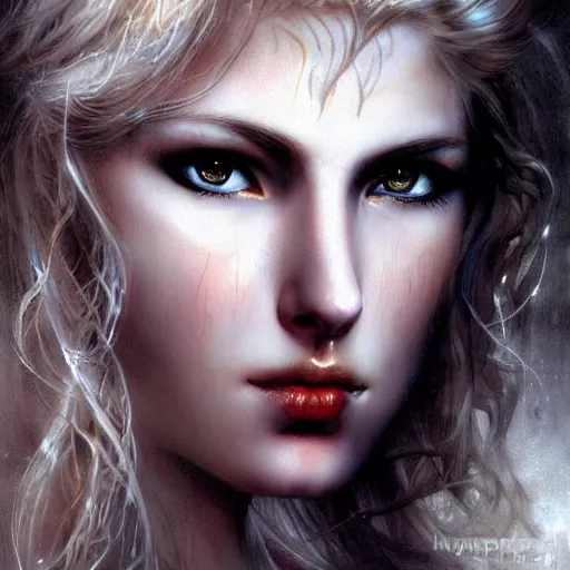 Image similar to beautiful nordic volva with blonde red wavy hair and clean eyes, soft flawless pale skin ultra - detailed face, dramatic dark lighting, hyperrealistic photo luis royo, wlop