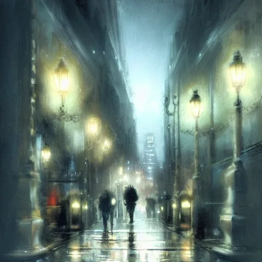 Image similar to walking the streets of london at night by raymond swanland, highly detailed, dark tones