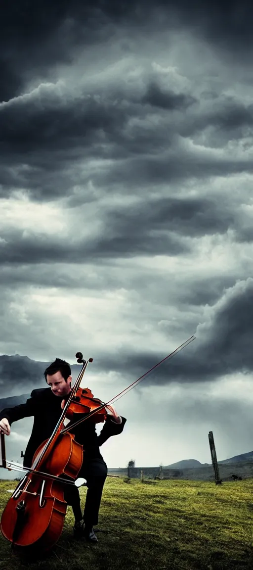 Prompt: classical musician playing double bass, wind in long hair, landscape, hills, mountains, rubbles, ruins, clouds, dark sky, explosions, apocalypse, war, dust, rain, raindrop, wet, blood, dripping