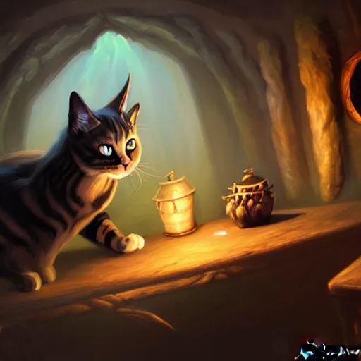 Image similar to Oil Painting of Cat Witch, Anthropomorphized, evil, brewing potion in witch Hut, magic the gathering artwork, horror, D&D, fantasy, cinematic lighting, centered, symmetrical, highly detailed, digital painting, artstation, concept art, smooth, sharp focus, illustration, volumetric lighting, epic Composition, 8k, art by Akihiko Yoshida and Greg Rutkowski and Craig Mullins, oil painting, cgsociety