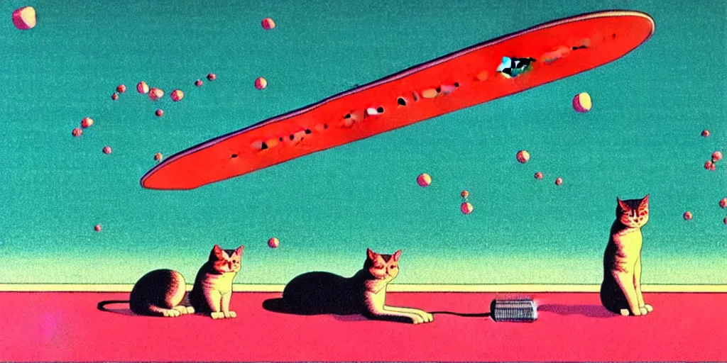 Image similar to risograph of electric cats that fly over ice, a lot of tv screens around, shrimps are all over the ground, acid and dreaming psychedelic hallucinations, by kawase hasui, moebius and edward hopper, colorful flat surreal design, hd, 8 k, artstation