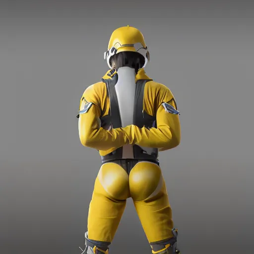 Image similar to « a person wearing yellow hazma suit, in a laboratory, photorealistic, unreal engine 5, full body portrait, back view »