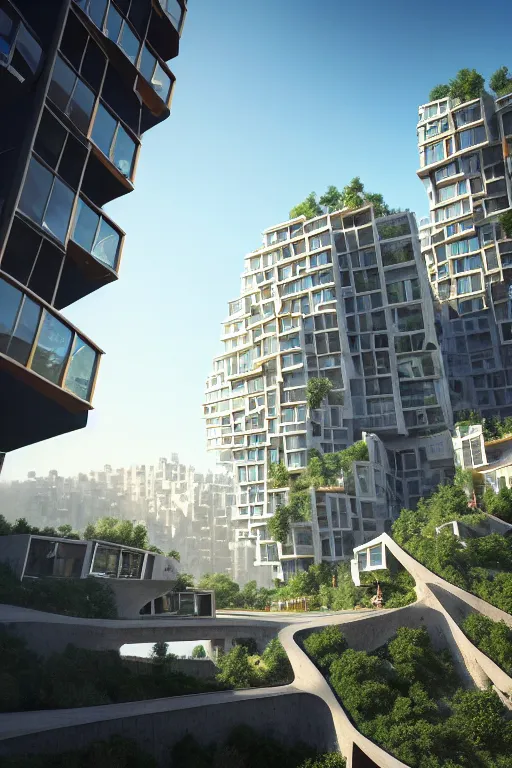 Prompt: photo of an awesome sunny day environment concept art on a cliff,, architecture by daniel libeskind with village, residential area, mixed development, highrise made up staircases, balconies, full of clear glass facades, cgsociety, fantastic realism, artstation hq, cinematic, volumetric lighting