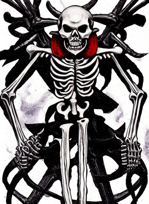 Prompt: shin megami tensei art of a demon that is a skeleton soviet soldier from 1 9 2 0 s, art by kazuma kaneko, demonic! compedium!, law aligned, digital drawing, white background, very high quality, very highly detailed