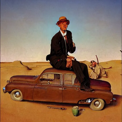 Prompt: dapper men in a desert, by norman rockwell