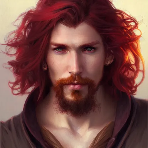 Prompt: portrait of a young carefree pirate, male, masculine, upper body, red hair, long hair, soft hair, D&D, fantasy, intricate, elegant, highly detailed, digital painting, artstation, concept art, matte, sharp focus, illustration, art by Artgerm and Greg Rutkowski and Alphonse Mucha