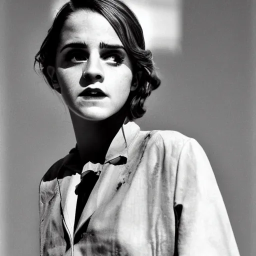 Prompt: deformed irradiated emma watson with acute radiation sickness flaking, melting, rotting skin wearing 1950s clothing in a 1950s nuclear wasteland. Group is living in a nuclear reactor. Photo is black and white award winning photo highly detailed, highly in focus, highly life-like, facial closeup taken on Arriflex 35 II, by stanley kubrick