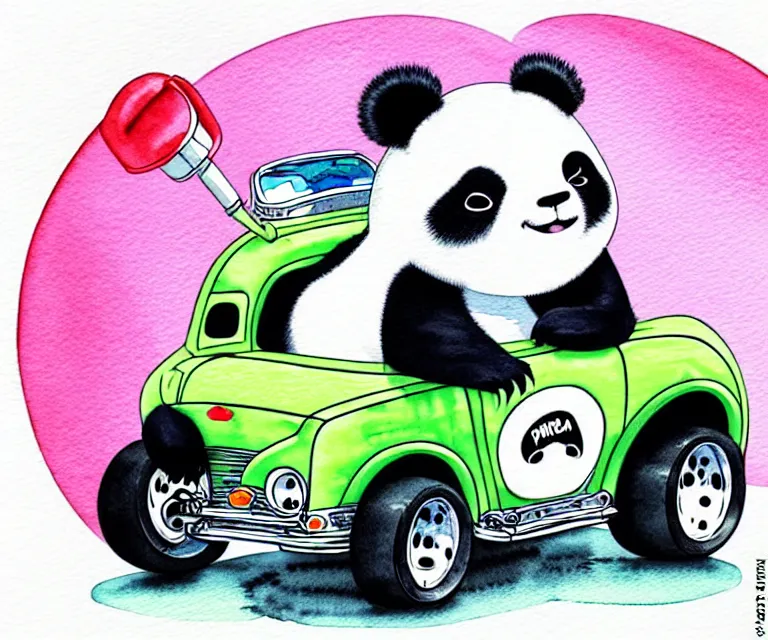 Image similar to cute and funny, panda bear wearing a helmet riding in a tiny hot rod with oversized engine, ratfink style by ed roth, centered award winning watercolor pen illustration, isometric illustration by chihiro iwasaki, edited by range murata, centered and focused