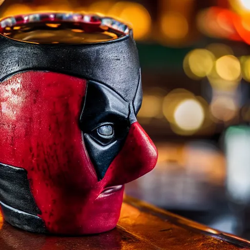 Image similar to a closeup photorealistic photograph of a deadpool style tiki mug sitting at a trader vic's bar featuring the face of deadpool. tiki culture. bright scene. fine detail. this 4 k hd image is trending on artstation, featured on behance, well - rendered, extra crisp, features intricate detail, epic composition and the style of unreal engine.