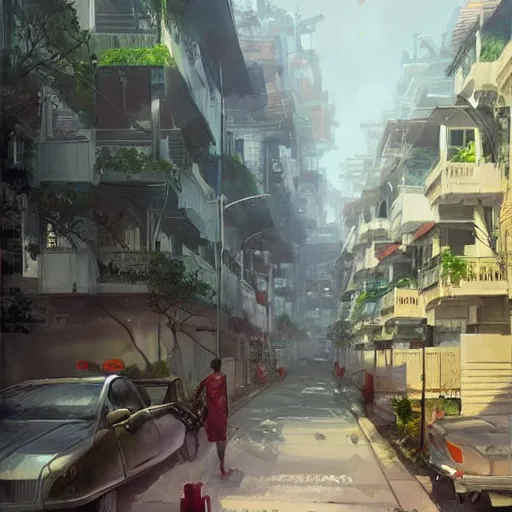 Image similar to concept art a singaporean neighborhood, by greg rutkowski