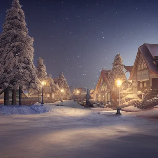 Prompt: a highly detailed digital art rendering and concept design of a snowy villages at dusk, stunning volumetric lighting, three dimensions, digitally altered environment, ui design, 3d modeling, illustration, transport design,