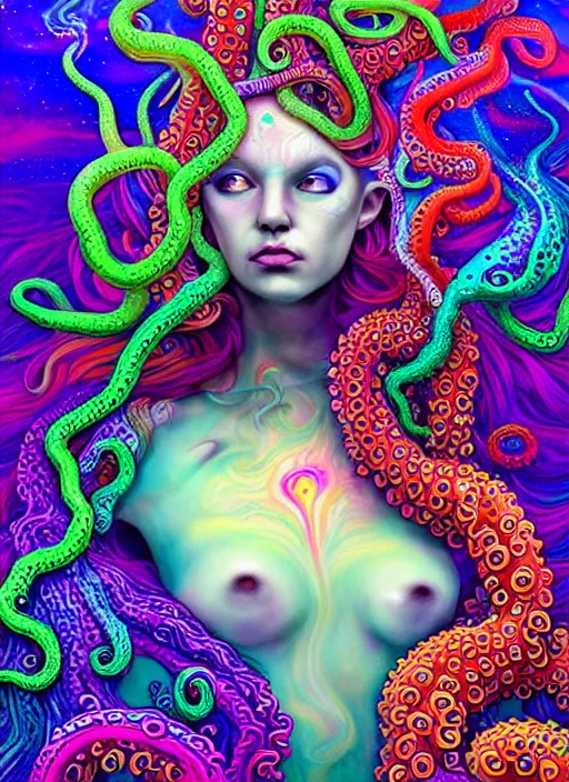 Prompt: A sea goddess with colorful tentacles hair having an extremely colorful psychedelic experience, warping time and space, magic mushrooms, psilocybin, LSD, face, detailed, intricate, elegant, highly detailed, digital painting, artstation, concept art, smooth, sharp focus, illustration, art by Krenz Cushar, Artem Demura, alphonse mucha and beeple, Octane render, unreal engine, 8K