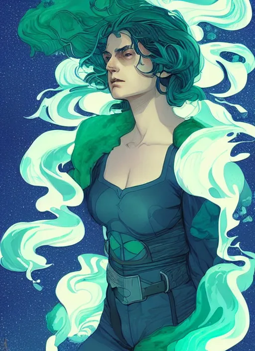 Image similar to style artgerm, joshua middleton, illustration, henry cavill as a homeless street urchin wearing green pelt clothing, blue hair, swirling water cosmos, fantasy, dnd, cinematic lighting