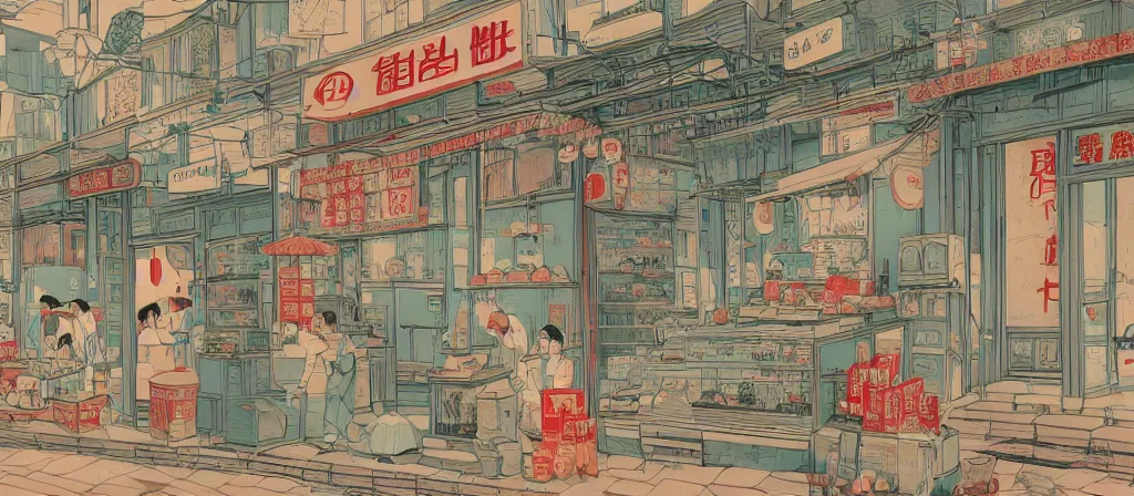 Image similar to a beautiful simple 4 k hd wallpaper illustration of interior view display of the corner of roasted string hotpot shop, simple style, from china, with merchant logo, simple structure, surrealistic, chinese style, victo ngai, james jean, denoise, deblurring