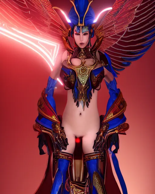 Prompt: sultry egyptian priestess wearing red dove wings, warframe armor, regal, attractive, ornate, sultry, elize theron, pretty face, blue eyes, scifi platform, 4 k, ultra realistic, epic lighting, illuminated, cinematic, black gold, art by akihito tsukushi, voidstar