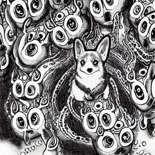 Image similar to a cute but frightening corgi with many eyes and tentacles, detailed horror manga drawing by junji ito, kentaro miura
