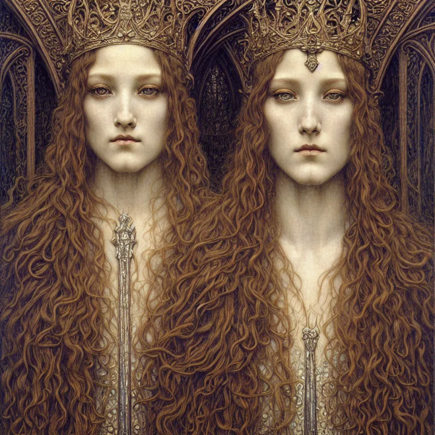 Image similar to detailed realistic beautiful young medieval queen face portrait by jean delville, gustave dore and marco mazzoni, art nouveau, symbolist, visionary, gothic, pre - raphaelite. horizontal symmetry